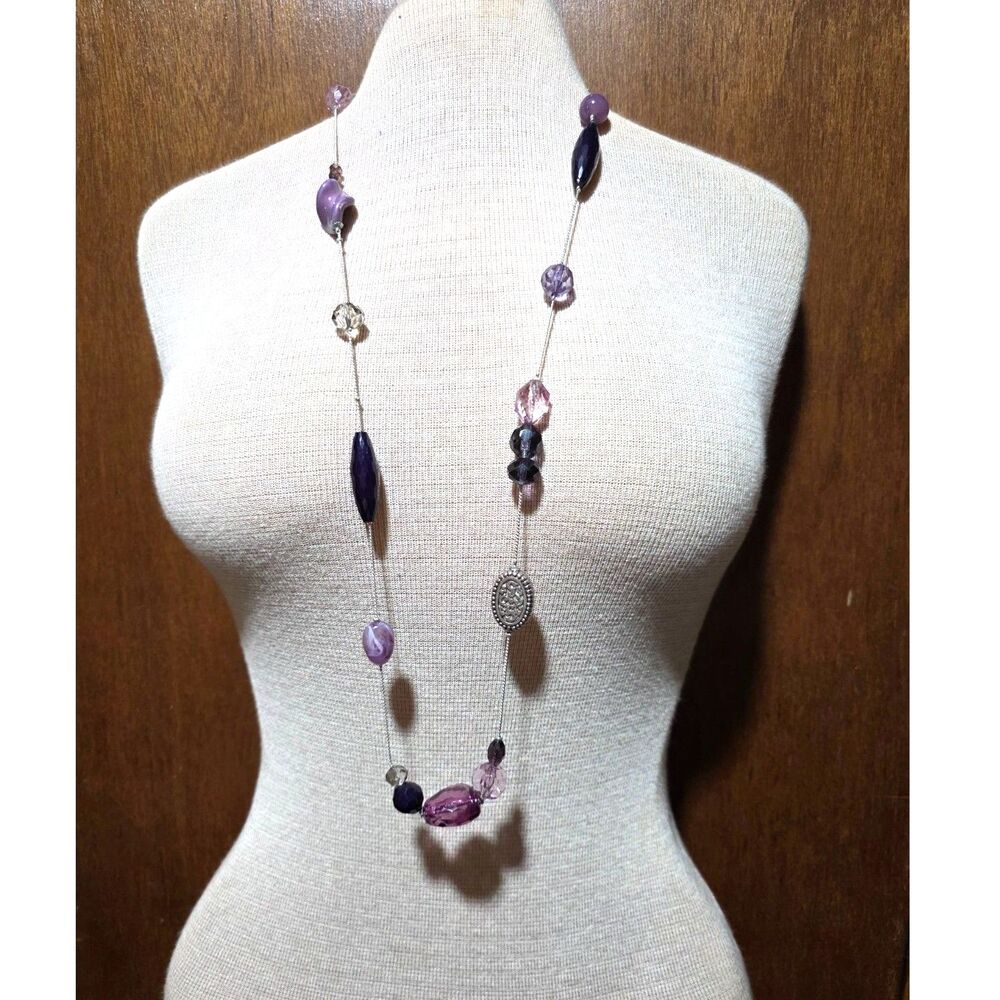 Purple & Black Beaded  Necklace | Silver Tone Accent | Boho Artisan Style